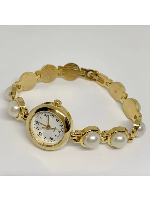 Vintage women’s watch faux pearls gold tone links 21mm quartz 7” running - Image 9