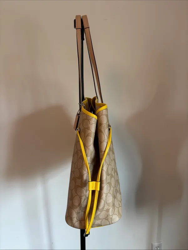Coach Beige Signature Canvas Tote with Yellow Center Stripe and Tan Handles - Image 3