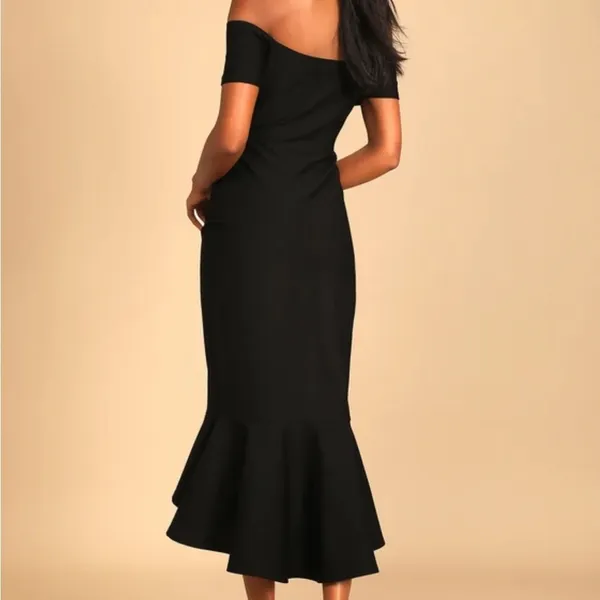 NWT Lulus How Much I Care Off-The-Shoulder Fishtail Midi Dress Black Size Small - Image 3