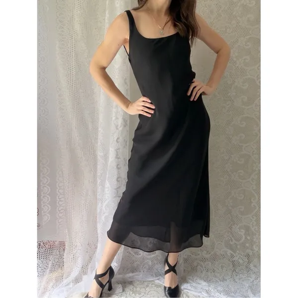 Vintage Hampton Nites Black Bias Cut Slip Dress Maxi Goth Minimalist 90s - Image 8