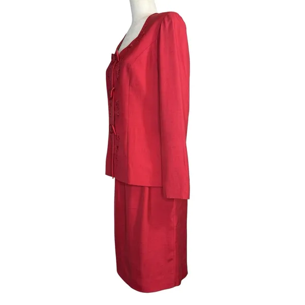 Vintage 90s Liz Claiborne 100% Silk Red Skirt Suit Set Bow Embroidery Size 6‎ - Image 4