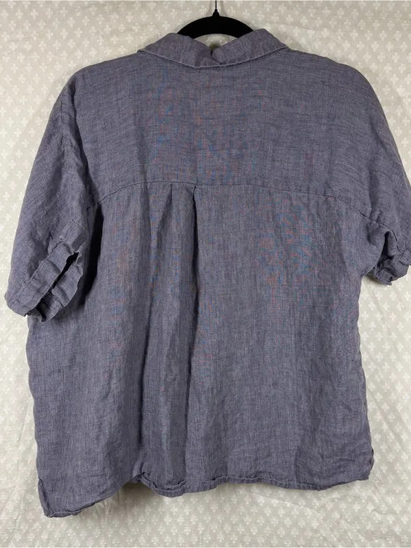 Eileen Fisher Blue Organic Linen Short Sleeve Button Down Top - Image 5