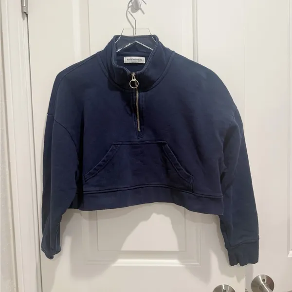 WE WORE WHAT Cropped‎ Terry Quarter Zip Pullover in Navy Blue Normcore - Image 3