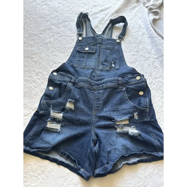 Almost Famous Romper, Women's Size 13 Blue, Denim, Overalls Shorts Distressed - Image 3