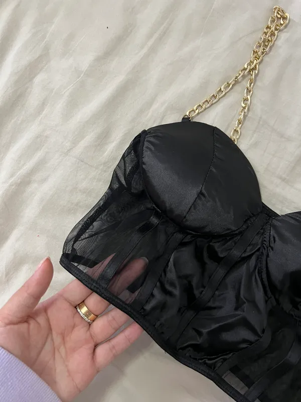 Black Satin Mesh Bustier With Gold Chain - Image 2