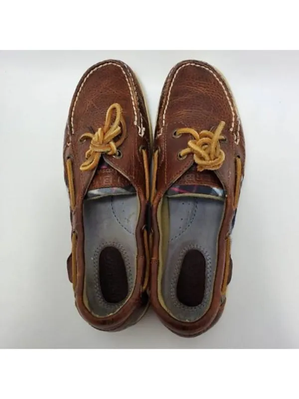 Sperry Top Slider Bluefish Plaid Slip On Oxford Boat Shoes Leather Sz 7 M Brown - Image 3
