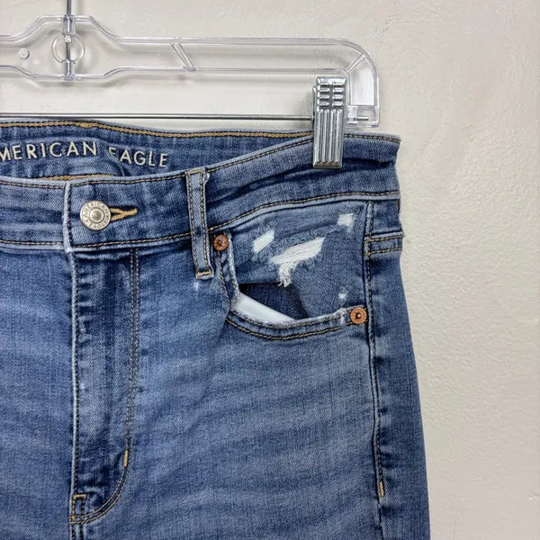 American Eagle Stretch Super Hi-Rise Flare Medium Wash Distressed Casual Size 8 - Image 6