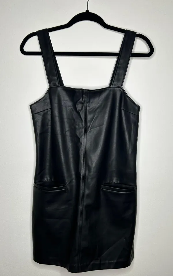 Abercrombie Black Faux Leather Front Pocket Mini Shift Dress Layering - Image 6