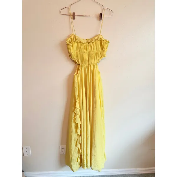 AMUR Maxi Dress Womens 6 Yellow‎ Pleated Cut-Out Ruffle Silk Chiffon Gown - Image 4