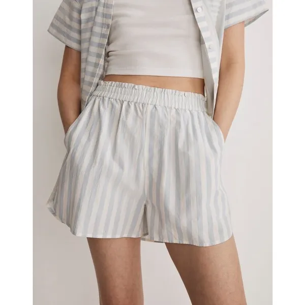 Madewell Pull On Boxer Style Lounge Shorts Blue Stripe Womens Large NEW - Image 2