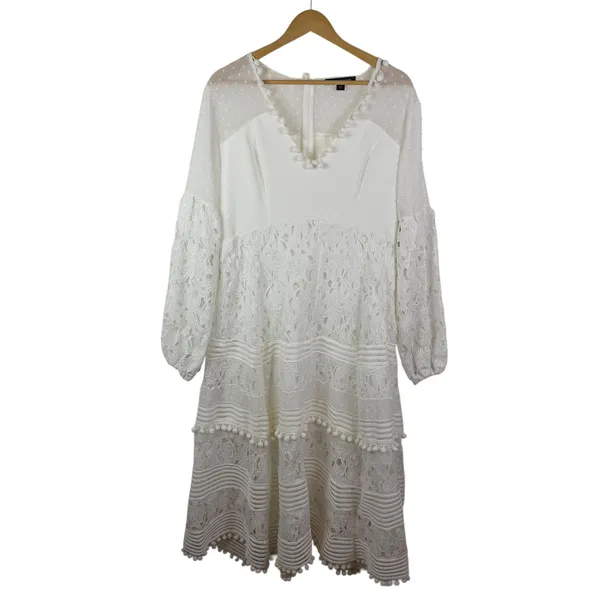 NWT Boston Proper White Lace Pom Pom Swiss Dot Maxi Dress‎ Large Bridal Cottage - Image 2