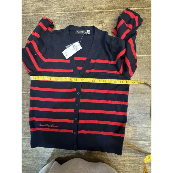 Lauren Ralph Lauren Women Striped Cotton Cardigan Sweater Navy/Red Size Large - Image 9
