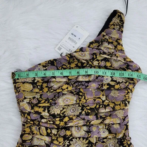 ZARA One Shoulder Floral Mini Dress‎ Size XS Metallic Ruched Multicolor NWT - Image 5