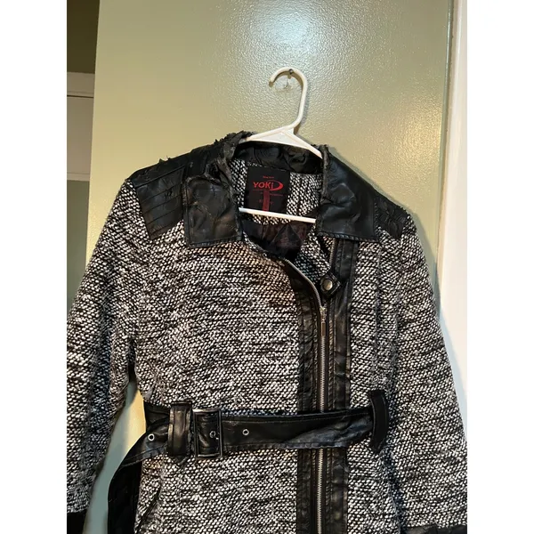 Yoki Outerwear Collection Womens Size Large Coat Jacket Black Gray Tweed Leather - Image 2