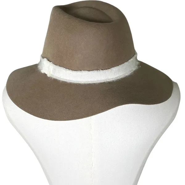 Wide Brim Rancher Fedora Hat Tan‎ Wool Felt White Band Boho Western OS - Image 3