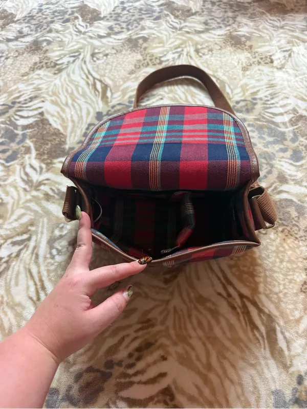 Ciesta red, blue, and beige plaid crossbody bag with leather accents - Image 2