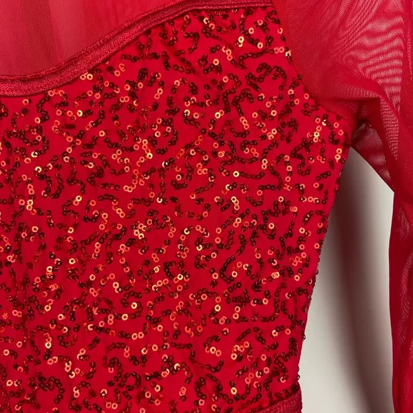 Balera Red Dancewear Sequin and Mesh Long Sleeve Biketard Romper - Image 3