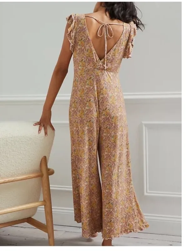 Anthropologie Matilda Pink Yellow Floral Paisley Wide Leg Ruffle Jumpsuit S - Image 11