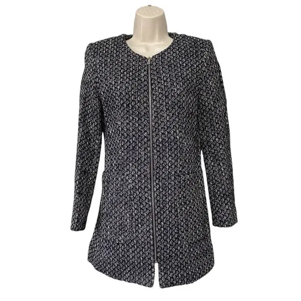 ✨Zara Classic Minimalist Tweed Blue White Zip Up Sz Medium Peacoat✨ - Image 6