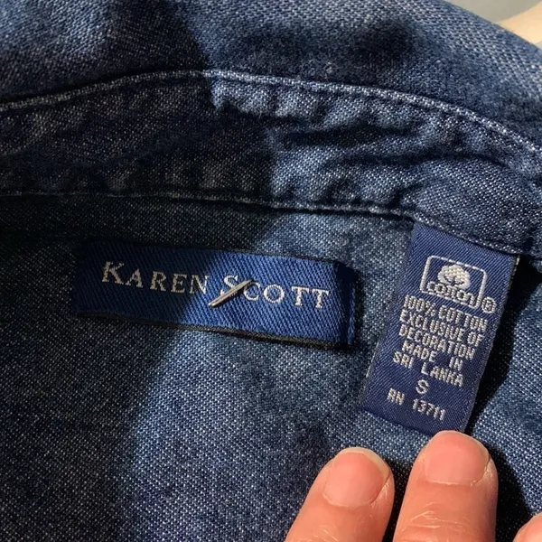 KAREN Scott small Denim Christmas embroidered button up - Image 3