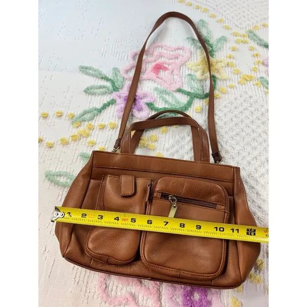 Brown Leather Satchel Shoulder Crossbody Bag Multiple Pockets‎ - Image 3