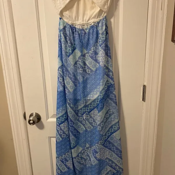 Iris Los Angeles Strapless Maxi Dress Womens Small Blue White Mosaic Lace Cutout - Image 6
