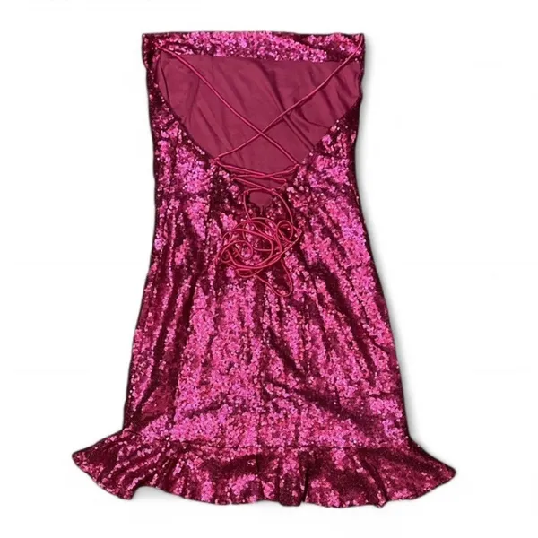Lena Hot Pink Sequin Mini‎ Dress with Lace up Back - Size M - Image 2