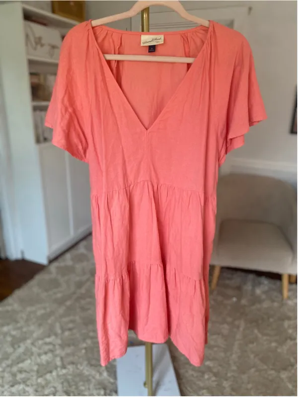 Universal Threads Linen Tiered Mini Dress Coral XL Boho Vaca Beachy Romantic Chic - Image 2
