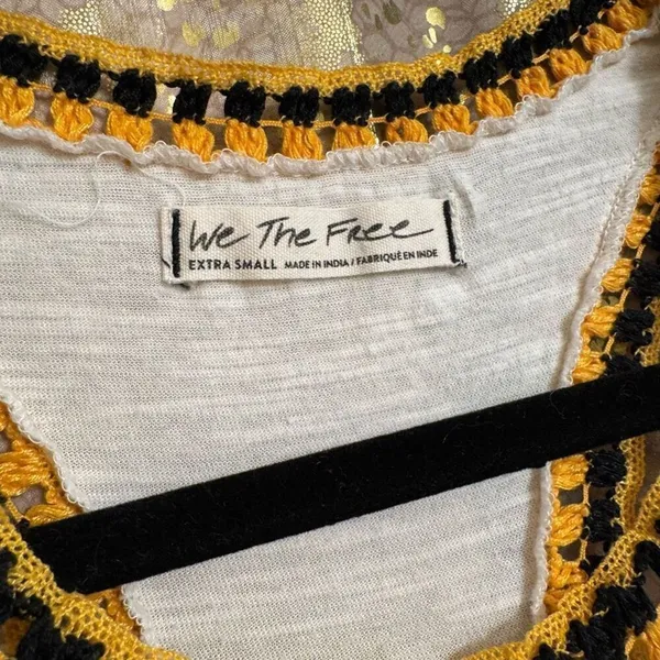 Free People Black Yellow Ivory Bora Bora Racerback Crochet Linen Blend Trim Tank - Image 3