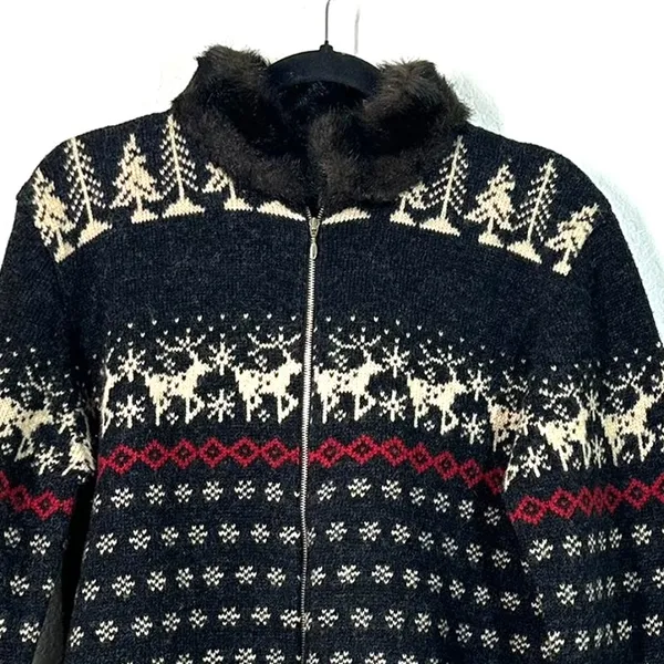 Skyr Wool Nordic Fair Isle Ski Cardigan Sweater Fur Trim M Apres Ski Cabincore - Image 6