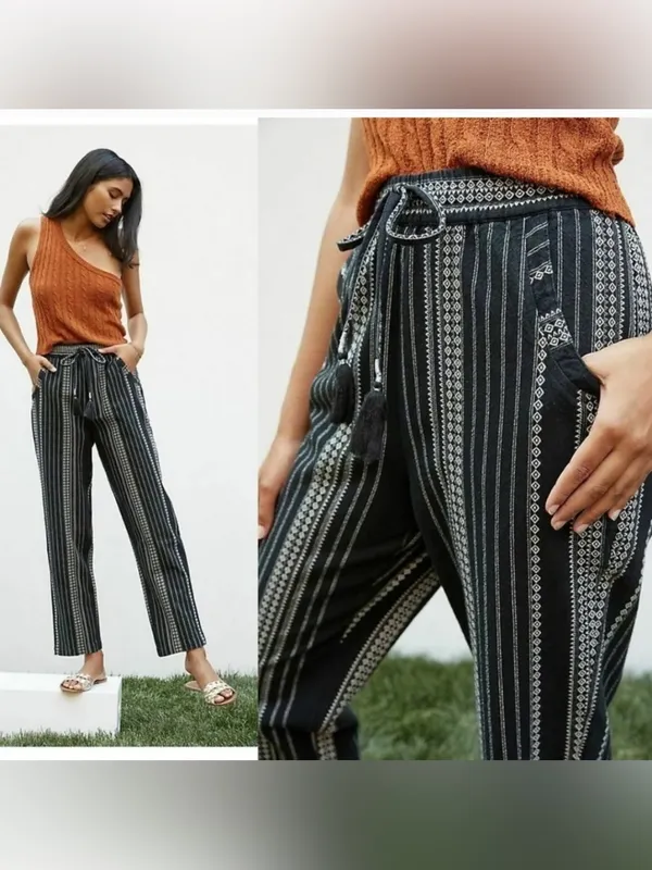 Anthropologie Essential Cotton Weave Drawstring Beach Pants Black & White Small - Image 3