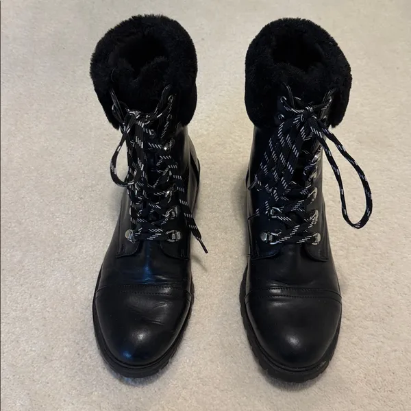 Black Fur Trim Combat Laced Boots - Image 2