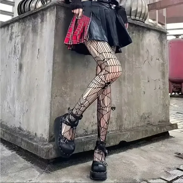 Black Gothic Skull Pattern Fishnet Tights Sexy Hollow Out Mesh Pantyhose OneSize - Image 7