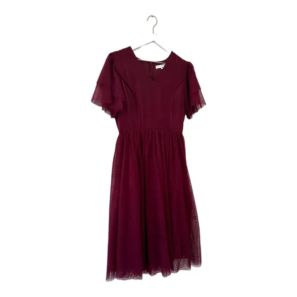 Ivy City Co Maroon Swiss Dot Flutter Sleeve Midi Dress Size Small - Image 10