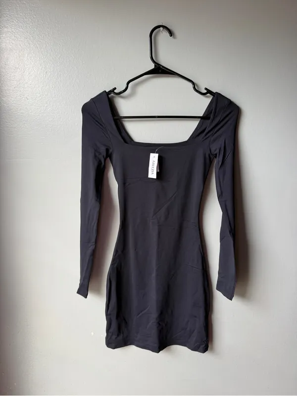Aritzia Contour Square Neck Long Sleeve Mini Dress Black Size 2XS - Image 2