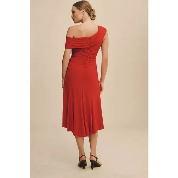 Ieena Mac Duggal Ruched Red Off-The-Shoulder Midi Dress Size 6 Cocktail Wedding - Image 15