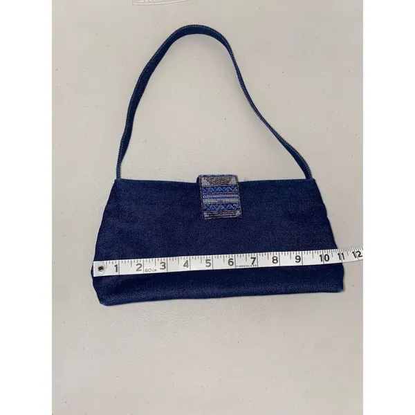 Y2K Aesthetic 100% Cotton Blue Jean Denim Beaded Closure Shoulder Handbag Purse - Image 3