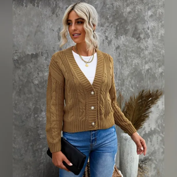 Brown Cable Knit Chunky V Neck Cardigan with 3 Decorative Pearl Buttons 2XL - Image 9