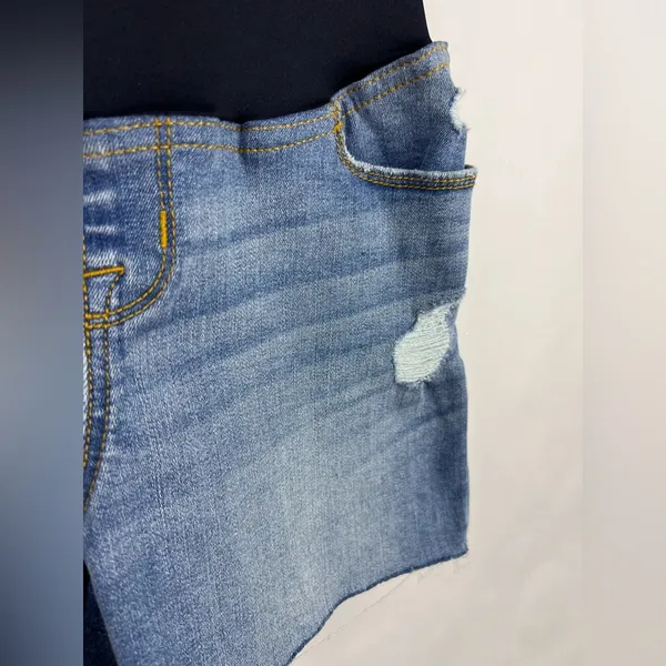 Isabel Maternity Mid Short Denim Jean Shorts Blue Raw Hem Crossover Panel - Image 6