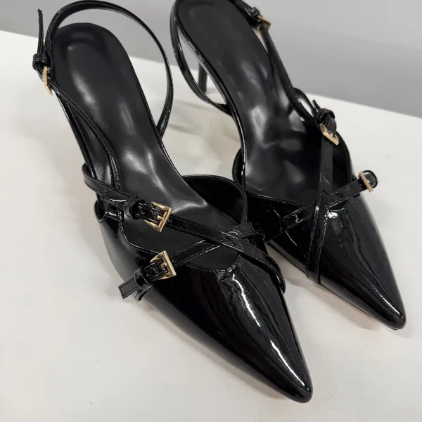 Black Patent Slingback Heels Pointed Toe Multi Strap Buckle Pumps Stiletto US 9 - Image 2