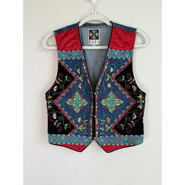 Vintage Hairston Roberson ROPA Denim‎ Vest Women's Small Floral Embroidery USA - Image 3