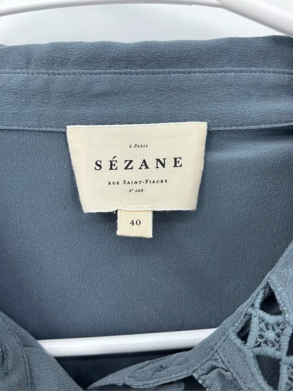 Sézane Dusty Blue Lace-Collar Button-Down Blouse 100% silk size M - Image 2