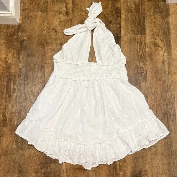 NEW Aerie White Spring Eyelet Fling Mini Dress Sz XL Halter Tie Floral - Image 3