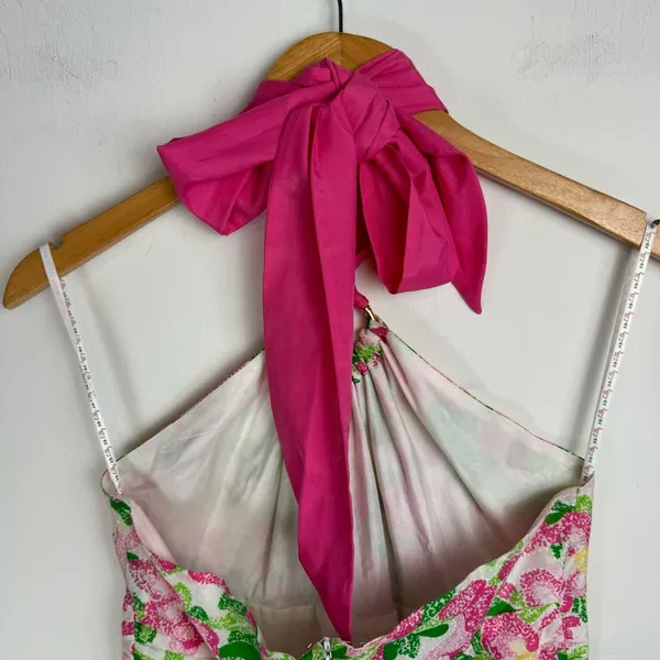 Lilly Pulitzer Floral Midi Dress Sz 2 Cotton Silk Blend Halter Neck Bow Tie Back - Image 10
