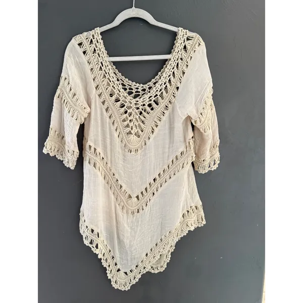 Boho Crochet Macrame Handkerchief Hem Tunic Top Cream‎ V-Neck Festival Gauze L - Image 4