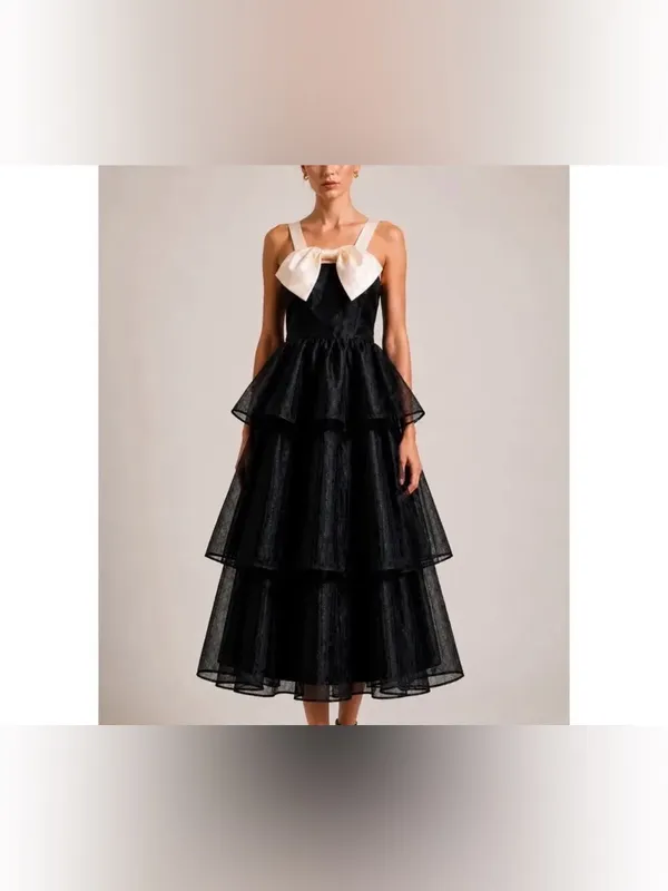 Lulus NWT Women Small Black Cream Satin Ruffle Tiered Midi Dress Balletcore Chic - Image 2