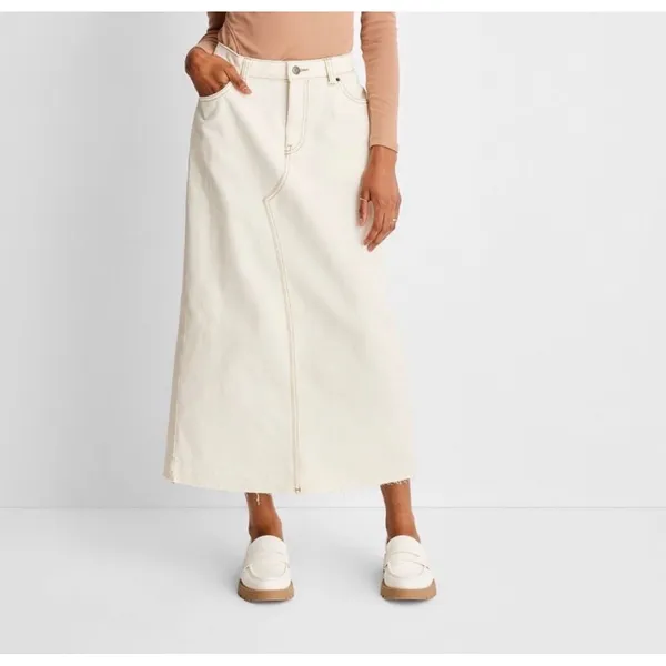 Future Collective Cream Denim Maxi Skirt High Rise Raw Hem‎ Off White Size 10 - Image 3