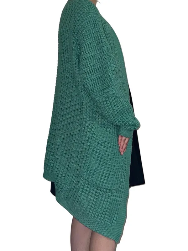 Green waffle knit cardigan. - Image 2