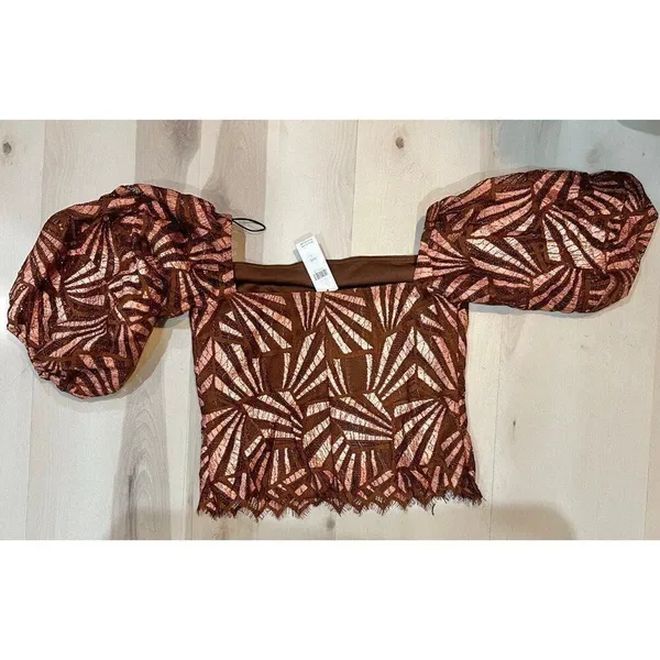 Anthropologie NWT Women XS Brown Metallic Geometric Print Blouse Glam Party Chic - Image 8