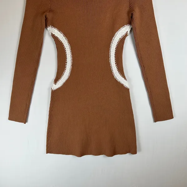 Mon Renn Brown Ribbed‎ Knit Mini Dress Long Sleeve Crochet Trim Detail Small - Image 9